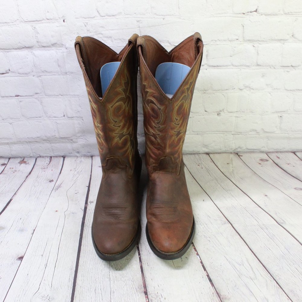 Justin Brown Leather Pointed Toe Slip on Western Cowboy Boots Size 9 D - Picture 5 of 9